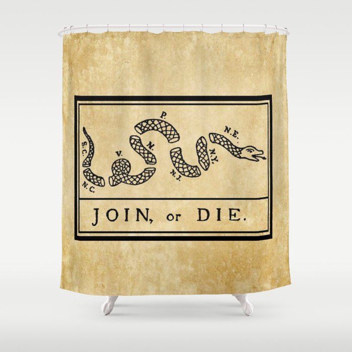 1776 "Join, or Die" Revolutionary War flag with 13 colonies, snake & no colors by Benjamin Franklin Shower Curtain Gallery Image 1