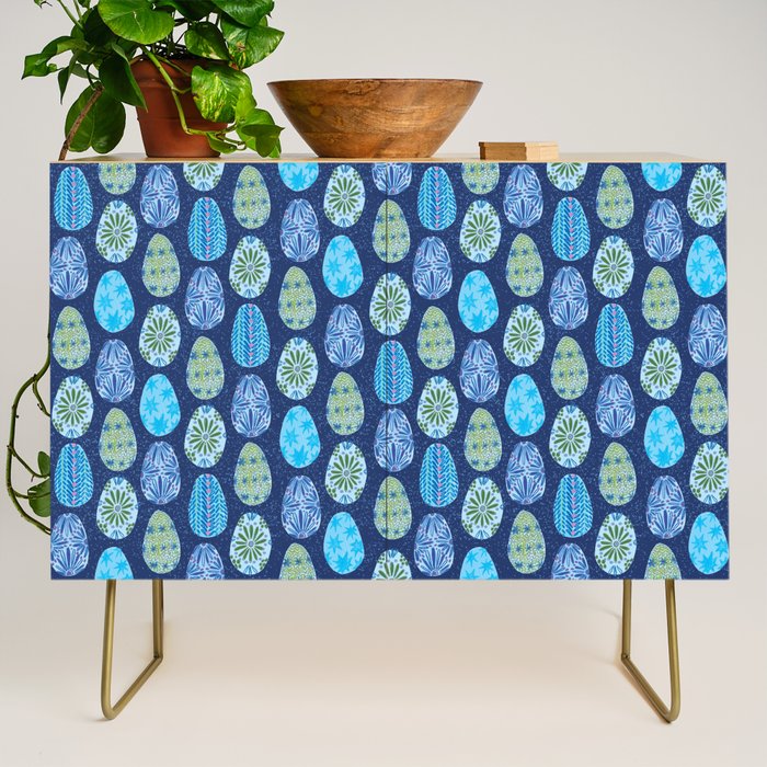 Colorful Folk Art Easter Eggs in Teal & Navy Blue Credenza Gallery Image 1