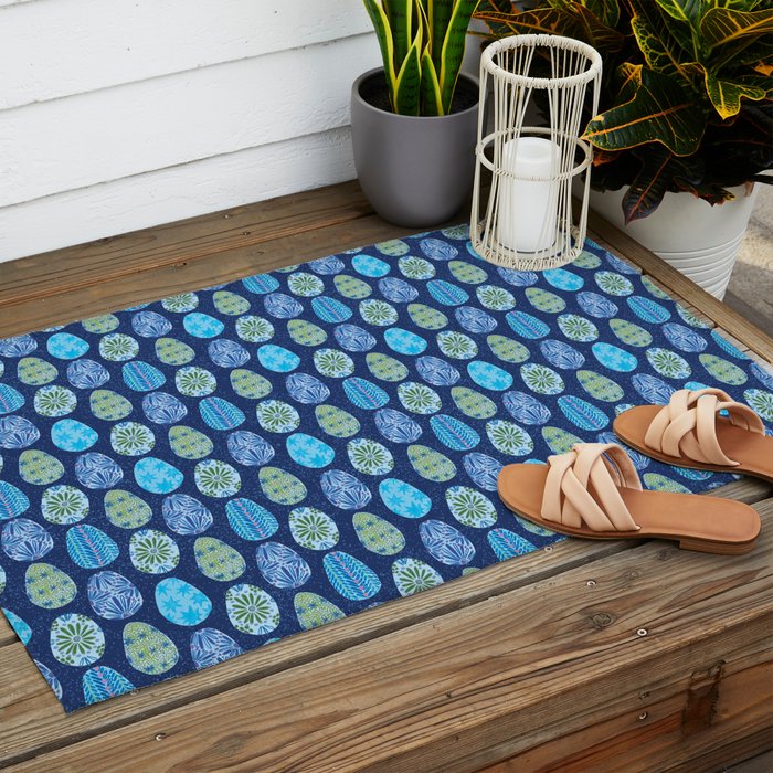 Colorful Folk Art Easter Eggs in Teal & Navy Blue Outdoor Rug Gallery Image 2