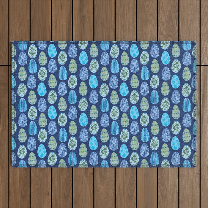 Colorful Folk Art Easter Eggs in Teal & Navy Blue Outdoor Rug Gallery Image 1
