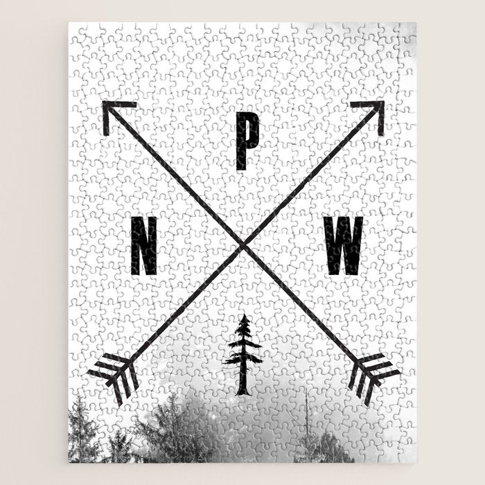 PNW Pacific Northwest Compass - Black and White Forest Jigsaw Puzzle Gallery Image 1