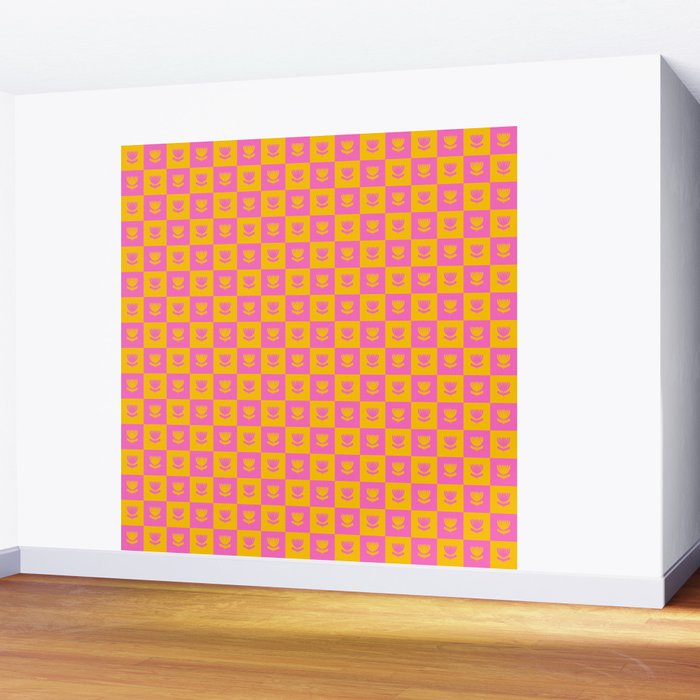Retro Checkered Tulips Pattern Wall Mural Gallery Image 2