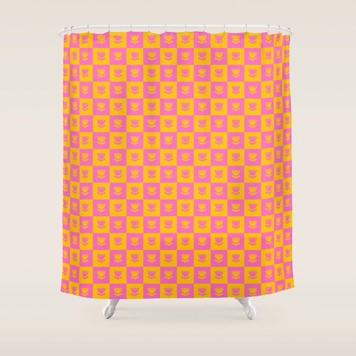 Retro Checkered Tulips Pattern Shower Curtain Gallery Image 1