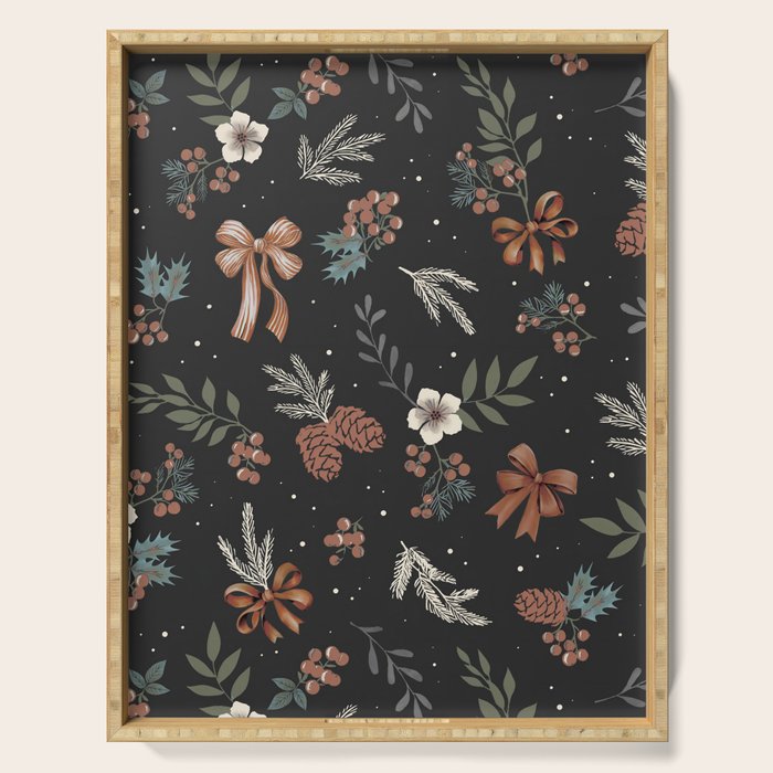 Vintage Winter Foliage with Berries, Pinecones and Ribbons on Black Serving Tray Gallery Image 1