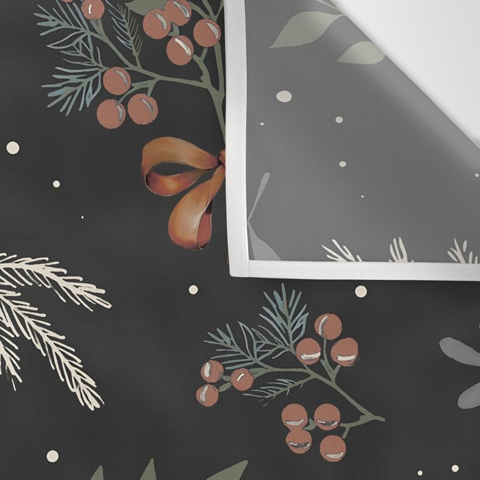 Vintage Winter Foliage with Berries, Pinecones and Ribbons on Black Wall Tapestry Gallery Image 3