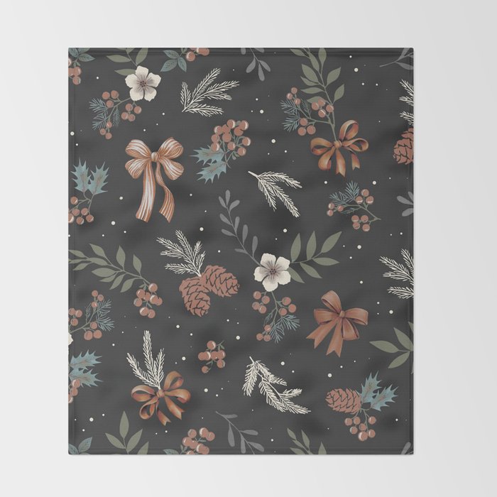 Vintage Winter Foliage with Berries, Pinecones and Ribbons on Black Throw Blanket Gallery Image 2