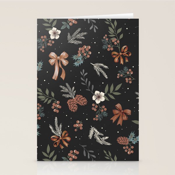 Vintage Winter Foliage with Berries, Pinecones and Ribbons on Black Stationery Card Gallery Image 2