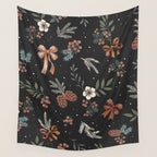Vintage Winter Foliage with Berries, Pinecones and Ribbons on Black Wall Tapestry Gallery Image 4