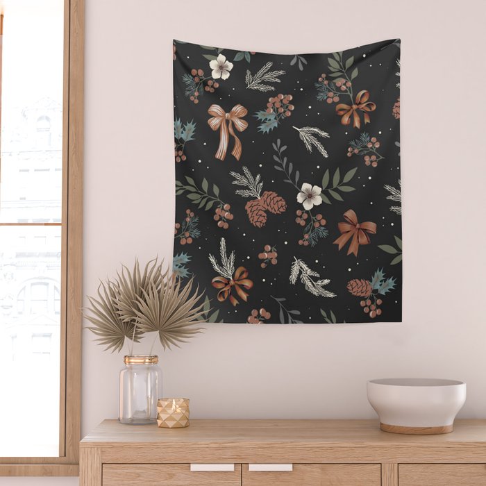 Vintage Winter Foliage with Berries, Pinecones and Ribbons on Black Wall Tapestry Gallery Image 2
