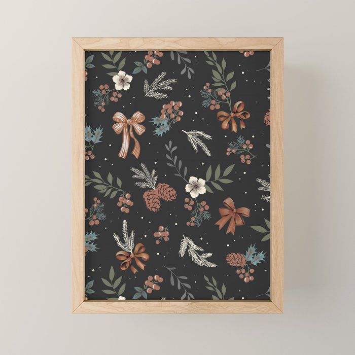 Vintage Winter Foliage with Berries, Pinecones and Ribbons on Black Mini Art Print Gallery Image 1