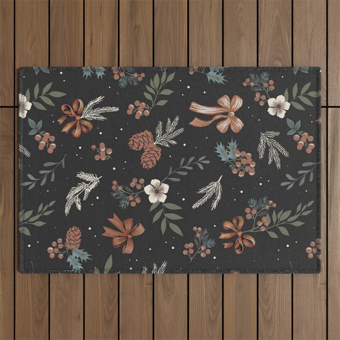 Vintage Winter Foliage with Berries, Pinecones and Ribbons on Black Outdoor Rug Gallery Image 1