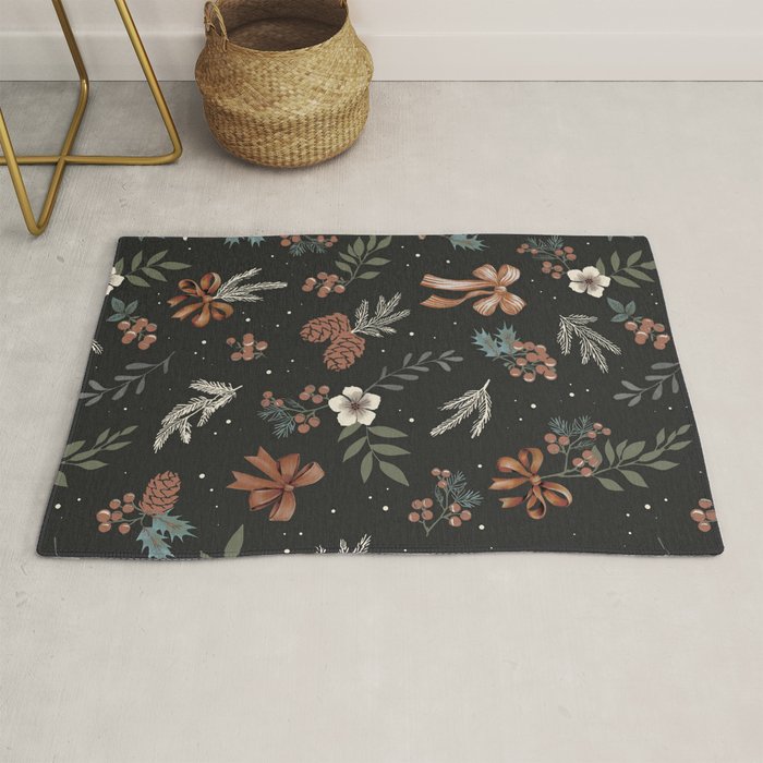 Vintage Winter Foliage with Berries, Pinecones and Ribbons on Black Rug Gallery Image 1