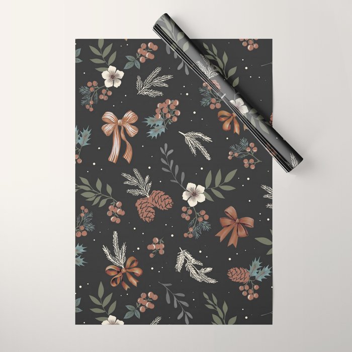 Vintage Winter Foliage with Berries, Pinecones and Ribbons on Black Wrapping Paper Gallery Image 1