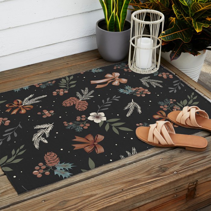Vintage Winter Foliage with Berries, Pinecones and Ribbons on Black Outdoor Rug Gallery Image 2