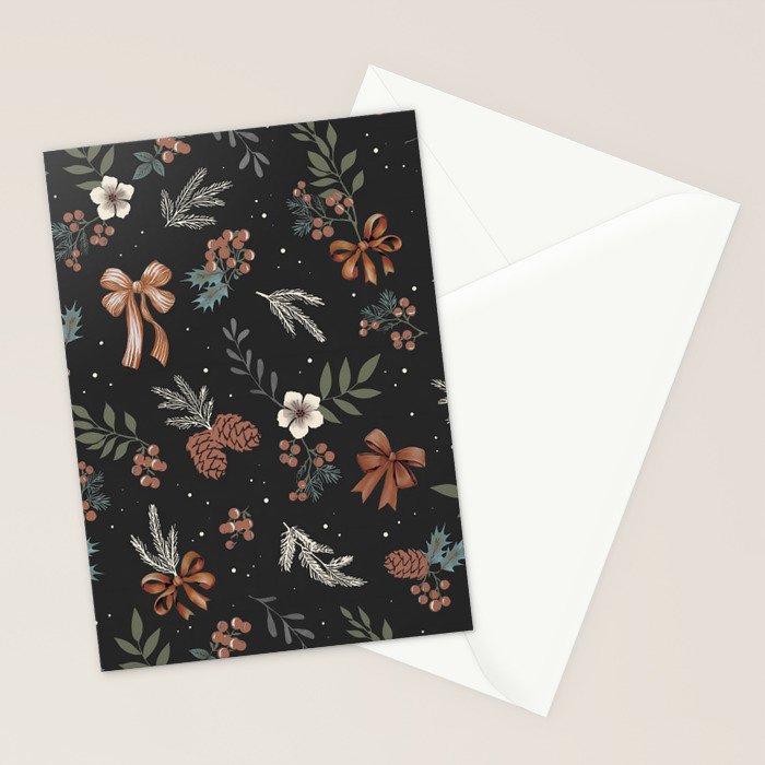 Vintage Winter Foliage with Berries, Pinecones and Ribbons on Black Stationery Card Gallery Image 2