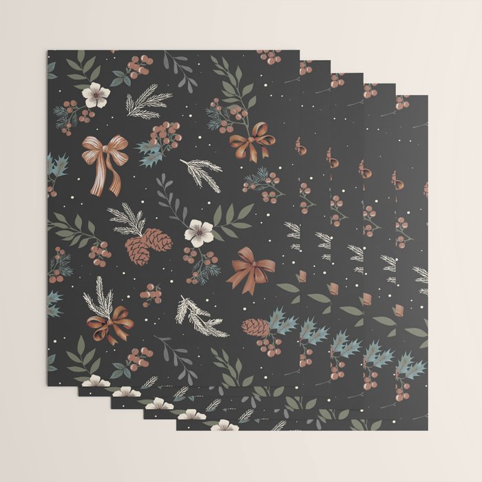 Vintage Winter Foliage with Berries, Pinecones and Ribbons on Black Wrapping Paper Gallery Image 3
