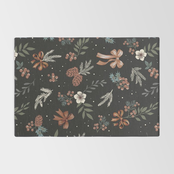 Vintage Winter Foliage with Berries, Pinecones and Ribbons on Black Rug Gallery Image 2