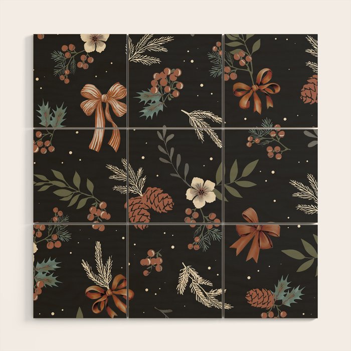 Vintage Winter Foliage with Berries, Pinecones and Ribbons on Black Wood Wall Art Gallery Image 1