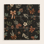Vintage Winter Foliage with Berries, Pinecones and Ribbons on Black Wood Wall Art Gallery Image 1