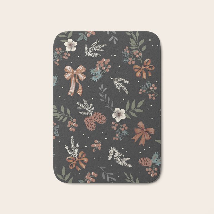 Vintage Winter Foliage with Berries, Pinecones and Ribbons on Black Bath Mat Gallery Image 1