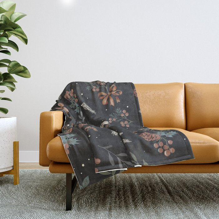 Vintage Winter Foliage with Berries, Pinecones and Ribbons on Black Throw Blanket Gallery Image 1