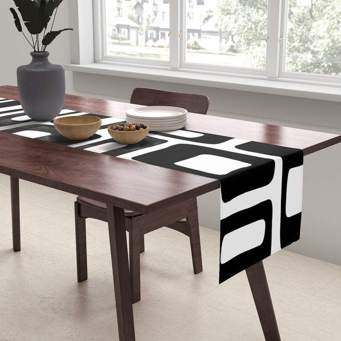 Retro Mid Century Modern Abstract Pattern 336 Black and White Table Runner Gallery Image 2