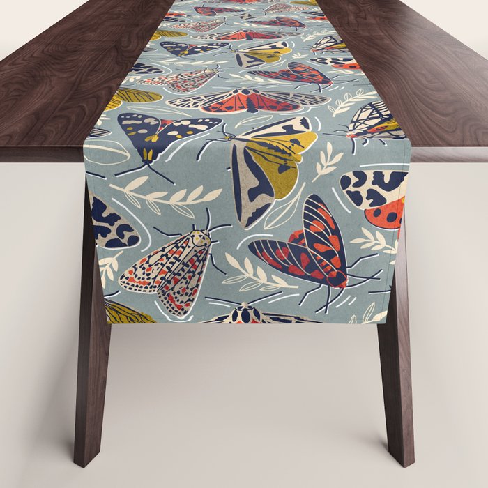 Quirky beautiful moths // morning blue textured background oxford navy blue ivory yellow and red tiger moth insects Table Runner Gallery Image 1