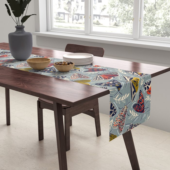 Quirky beautiful moths // morning blue textured background oxford navy blue ivory yellow and red tiger moth insects Table Runner Gallery Image 2