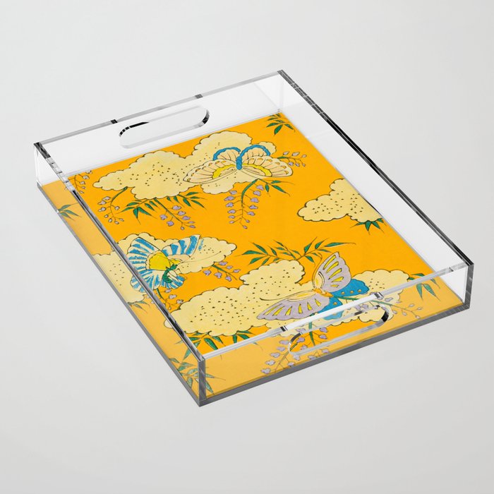 Butterflies on Flowers Vintage Japanese Botanical Print Acrylic Tray Gallery Image 1