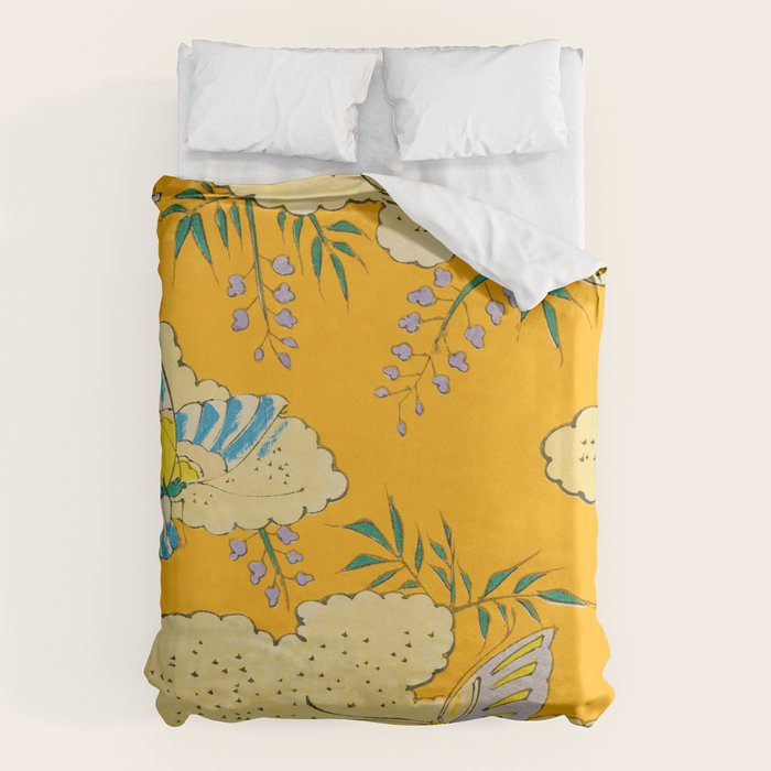 Butterflies on Flowers Vintage Japanese Botanical Print Duvet Cover Gallery Image 1
