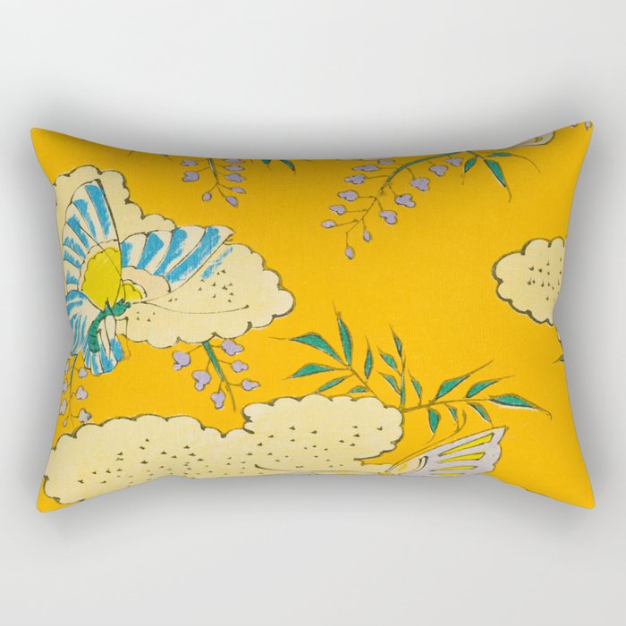 Butterflies on Flowers Vintage Japanese Botanical Print Rectangular Pillow Gallery Image 1