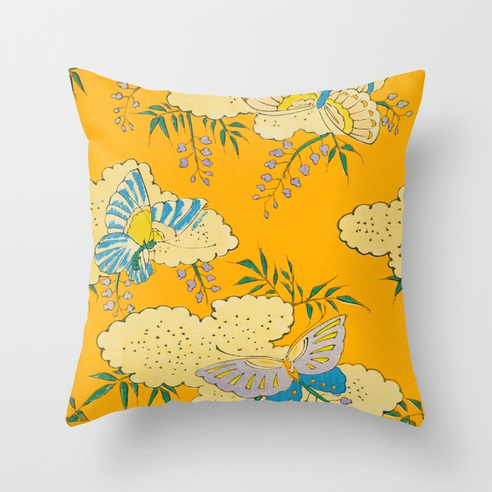 Butterflies on Flowers Vintage Japanese Botanical Print Throw Pillow Gallery Image 6
