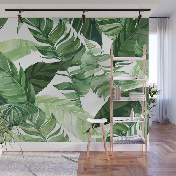 Green leaf watercolor pattern Wall Mural Gallery Image 1