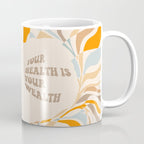 YOUR HEALTH IS YOUR WEALTH with Liquid retro abstract pattern in orange and blue Coffee Mug Gallery Image 1