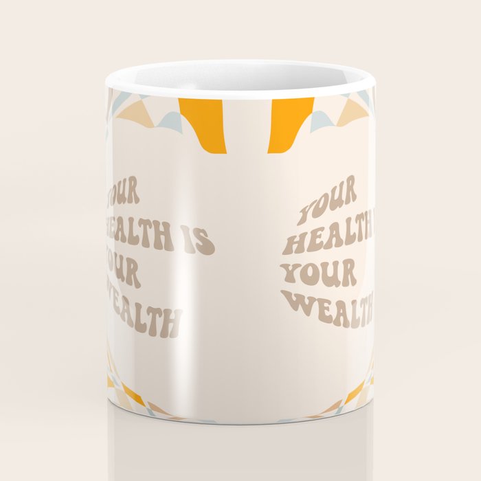 YOUR HEALTH IS YOUR WEALTH with Liquid retro abstract pattern in orange and blue Coffee Mug Gallery Image 4