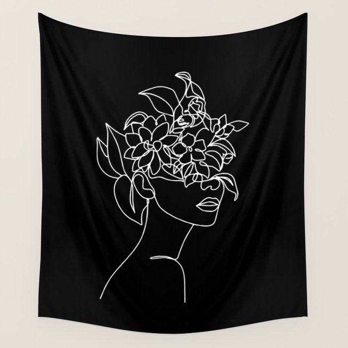 The Girl with the Flowers: Black & White Edition Wall Tapestry Gallery Image 4
