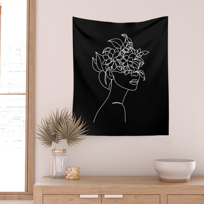 The Girl with the Flowers: Black & White Edition Wall Tapestry Gallery Image 2
