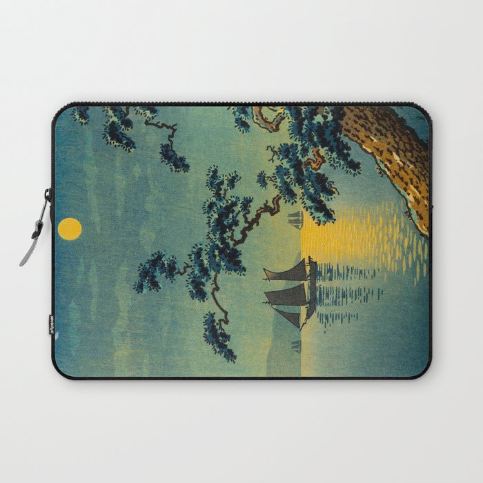 Tsuchiya Koitsu Maiko Seashore Japanese Woodblock Print Night Time Moon Over Ocean Sailboat Laptop Sleeve Gallery Image 1