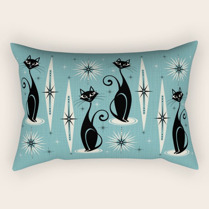 Mid Century Meow Retro Atomic Cats on Blue Rectangular Pillow Gallery Image 2