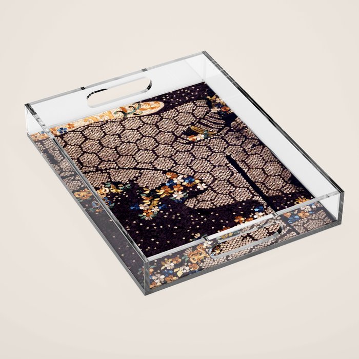 Kosode Fragment with Tortoiseshell Pattern, Waves, & Cherry Blossoms Shibori Print Acrylic Tray Gallery Image 1