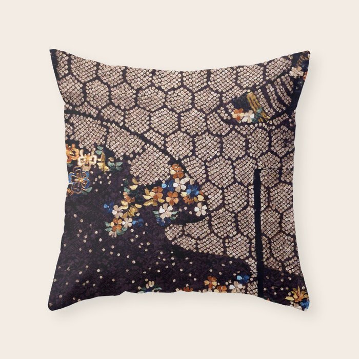 Kosode Fragment with Tortoiseshell Pattern, Waves, & Cherry Blossoms Shibori Print Throw Pillow Gallery Image 1