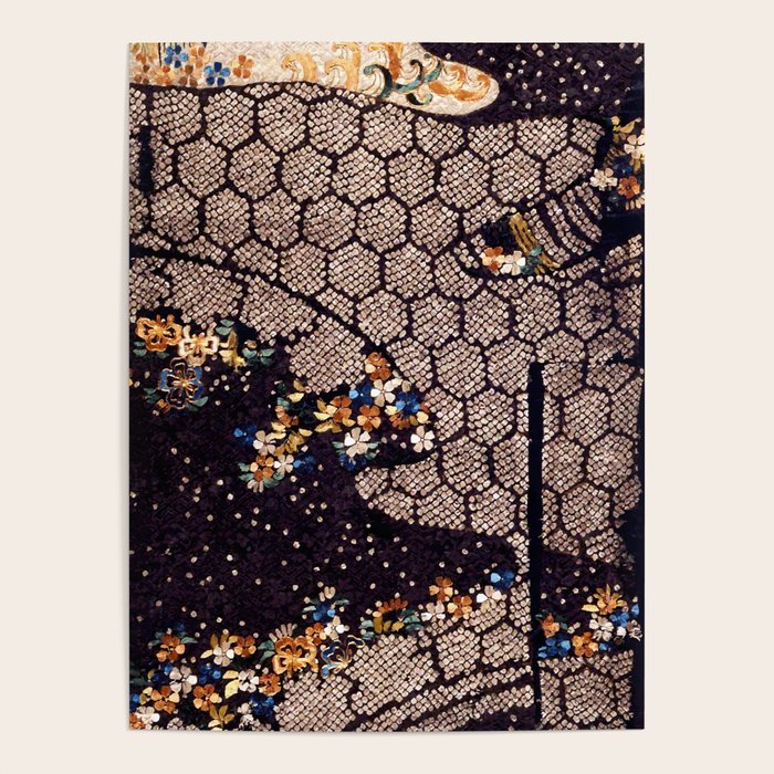 Kosode Fragment with Tortoiseshell Pattern, Waves, & Cherry Blossoms Shibori Print Poster Gallery Image 4