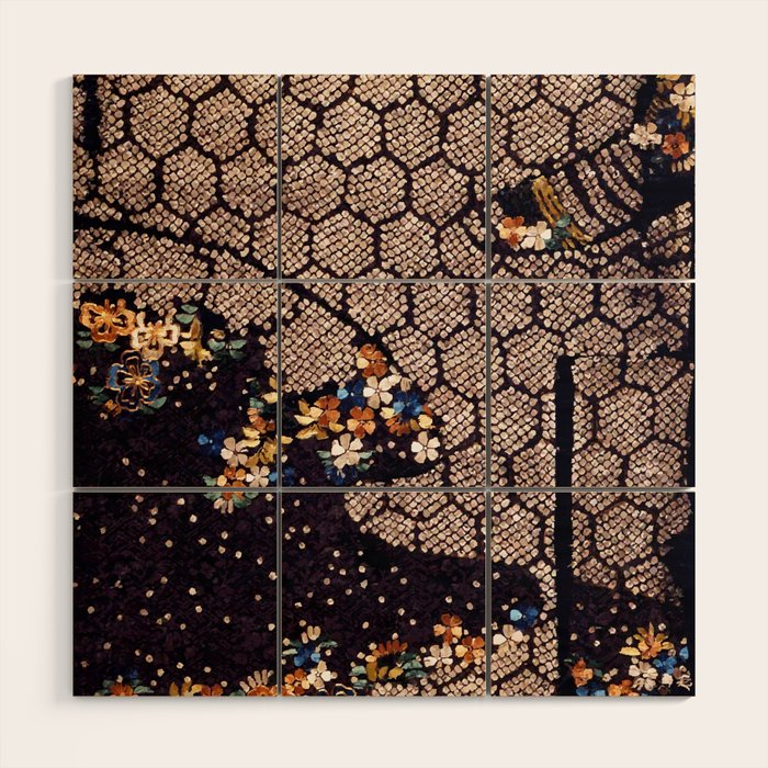 Kosode Fragment with Tortoiseshell Pattern, Waves, & Cherry Blossoms Shibori Print Wood Wall Art Gallery Image 1