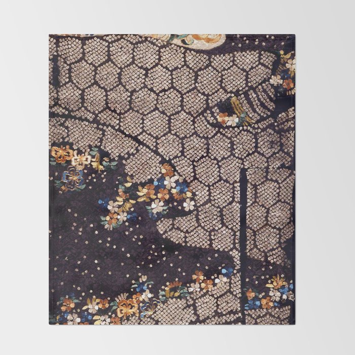 Kosode Fragment with Tortoiseshell Pattern, Waves, & Cherry Blossoms Shibori Print Throw Blanket Gallery Image 2