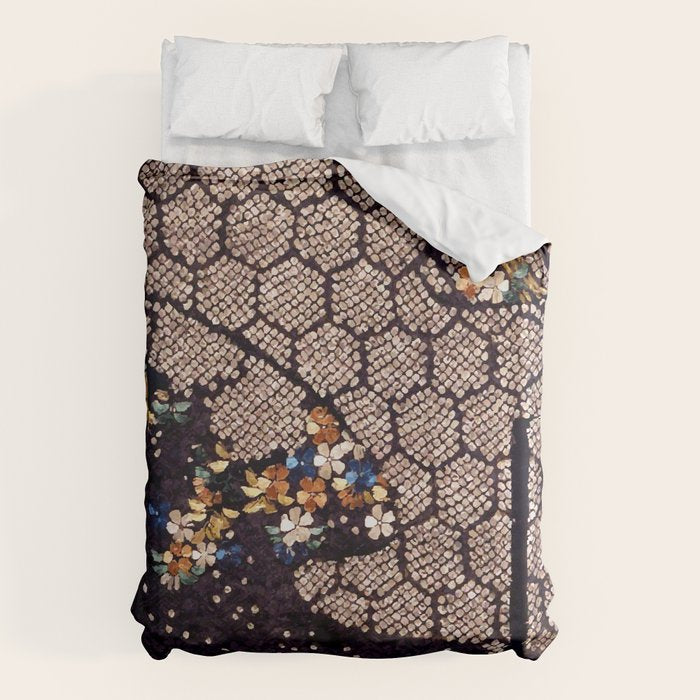 Kosode Fragment with Tortoiseshell Pattern, Waves, & Cherry Blossoms Shibori Print Duvet Cover Gallery Image 1