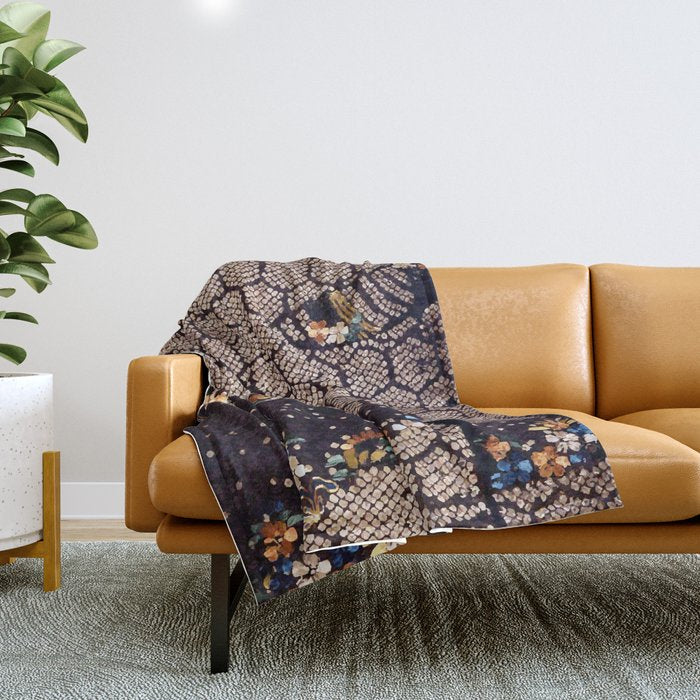 Kosode Fragment with Tortoiseshell Pattern, Waves, & Cherry Blossoms Shibori Print Throw Blanket Gallery Image 1