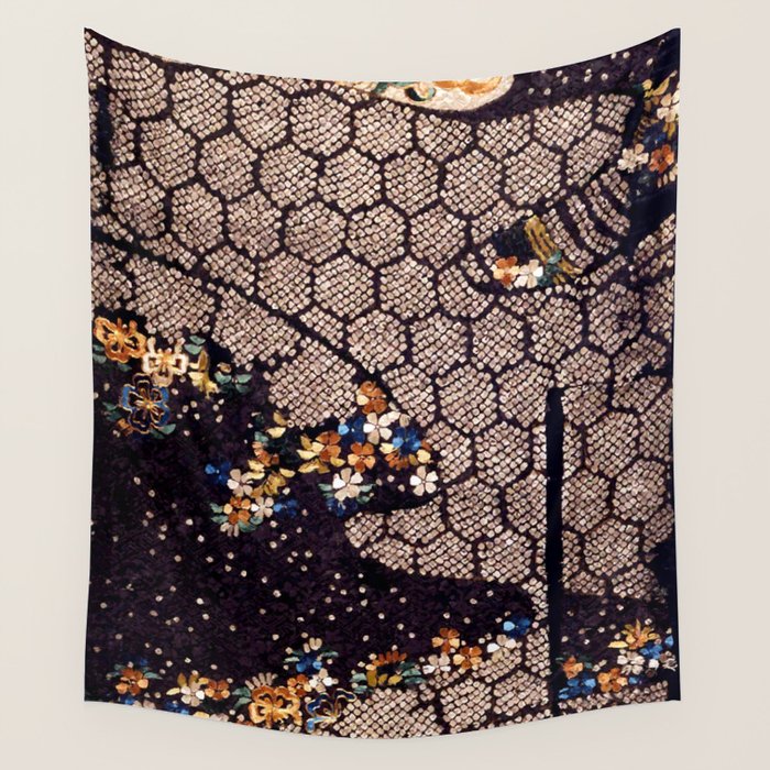 Kosode Fragment with Tortoiseshell Pattern, Waves, & Cherry Blossoms Shibori Print Wall Tapestry Gallery Image 4