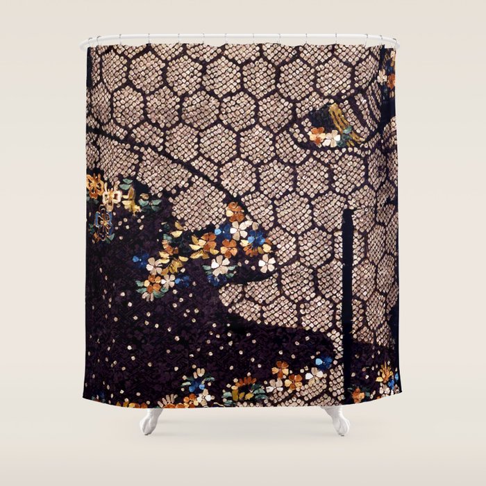 Kosode Fragment with Tortoiseshell Pattern, Waves, & Cherry Blossoms Shibori Print Shower Curtain Gallery Image 1