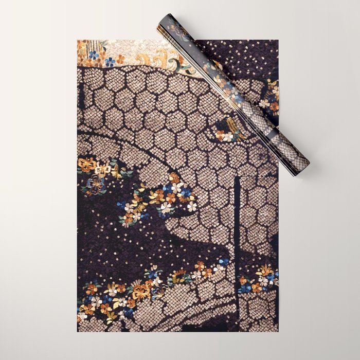 Kosode Fragment with Tortoiseshell Pattern, Waves, & Cherry Blossoms Shibori Print Wrapping Paper Gallery Image 1