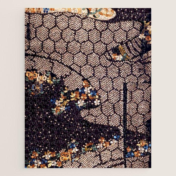 Kosode Fragment with Tortoiseshell Pattern, Waves, & Cherry Blossoms Shibori Print Jigsaw Puzzle Gallery Image 1